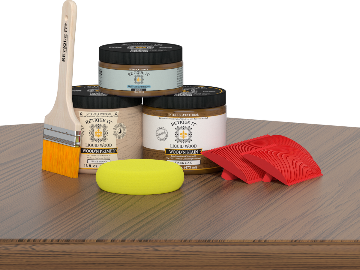 Retique It® Fireplace Wood'n Finish Kit in Dark Oak stain, full fireplace stain set with wood finish options shown on a table.