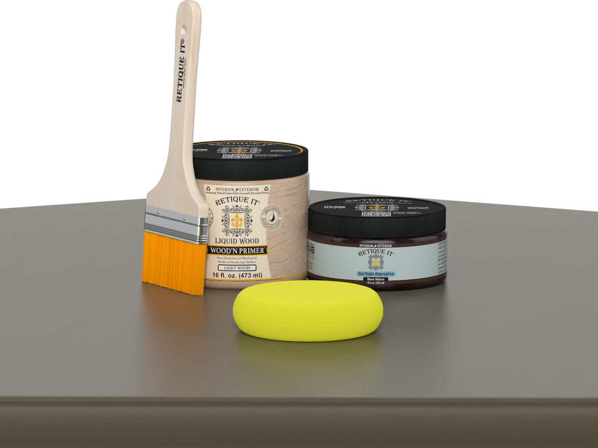 Retique It® Multi-purpose Smooth Finish Kit (Med) in Black Walnut for wood furniture restoration, featuring cans and brushes.