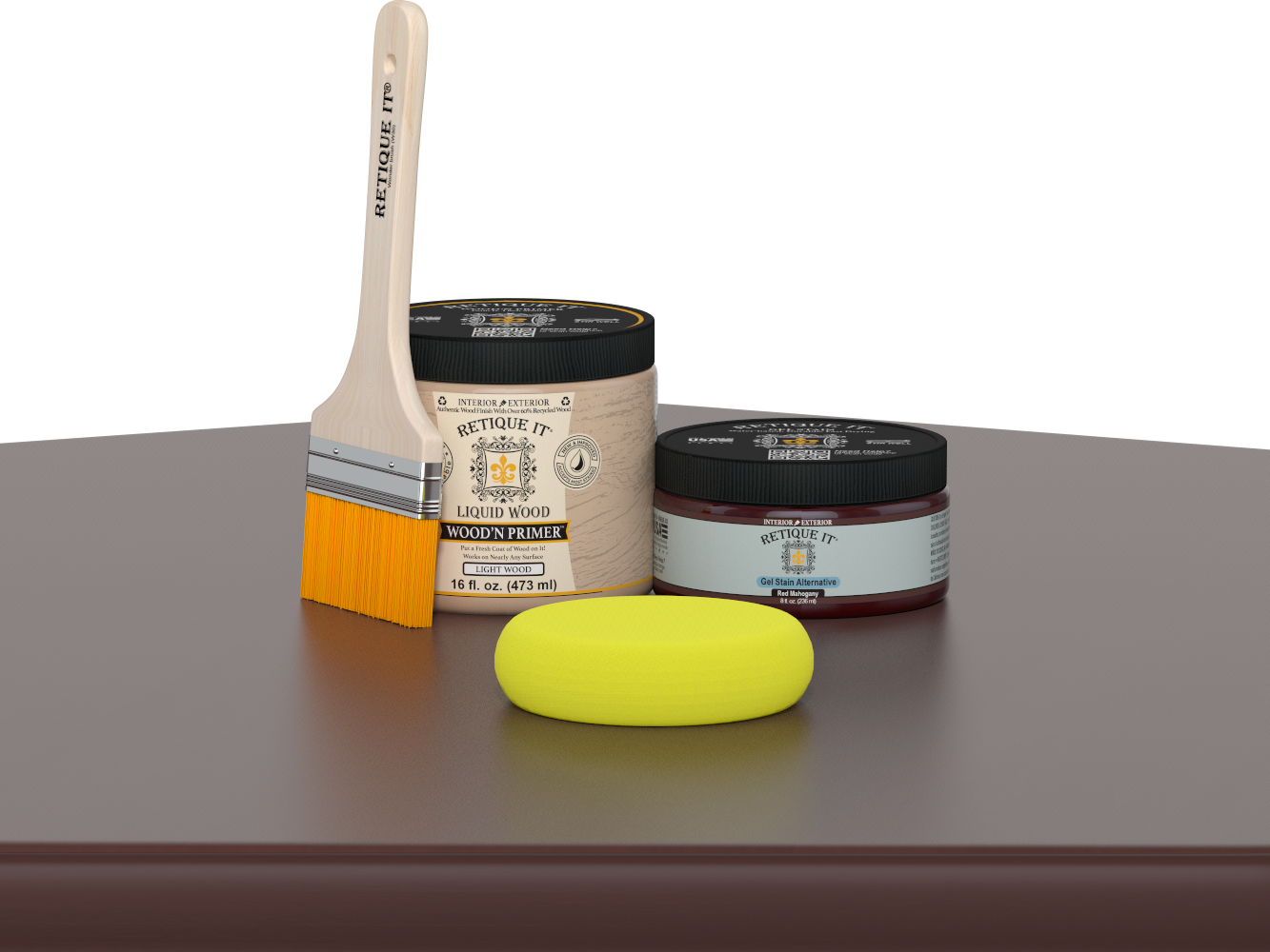 Retique It® Red Mahogany Multipurpose Kit contents with Liquid Wood primer, Red Mahogany gel stain alternative, paintbrush, and yellow sponge displayed on a dark wood surface.