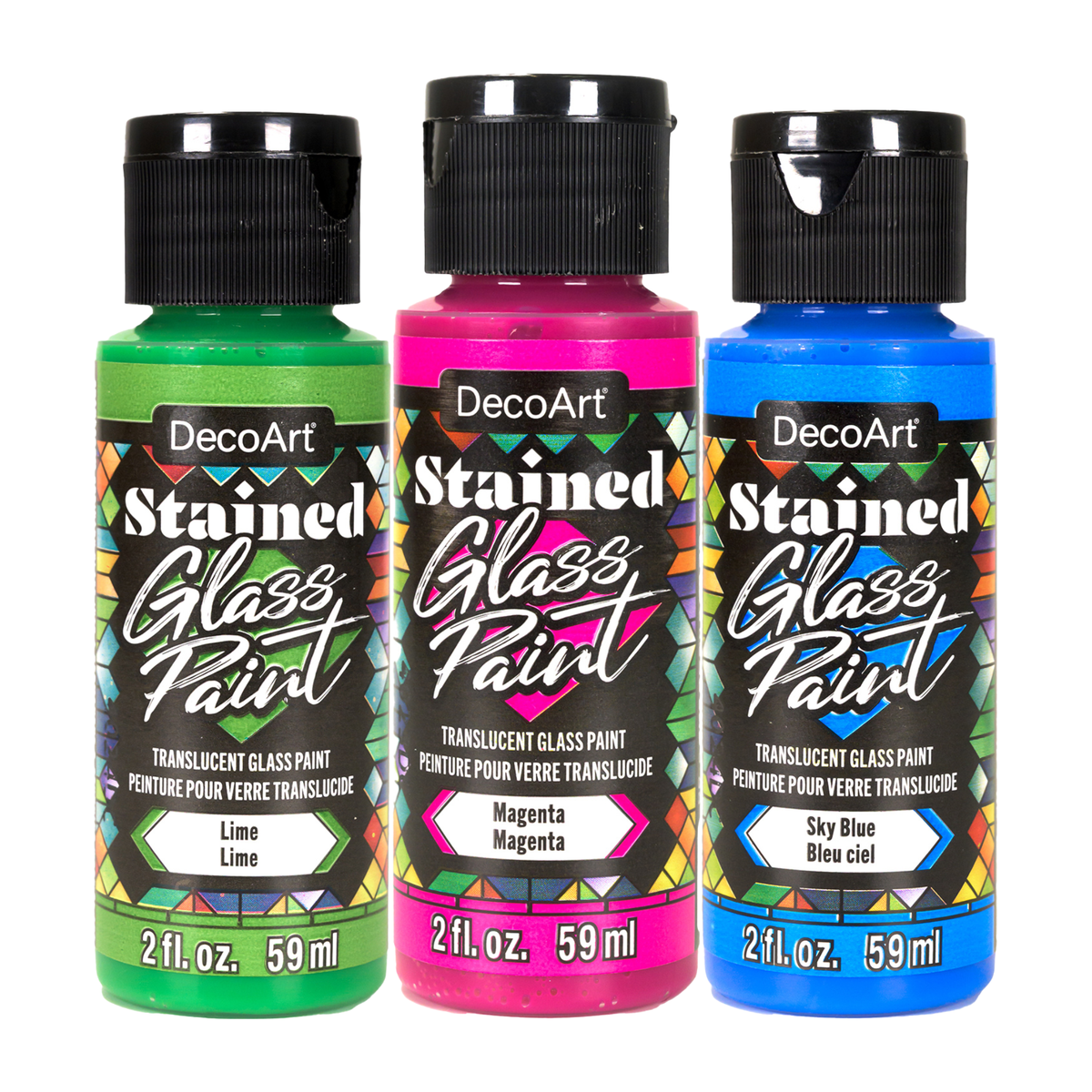 Decorative stained glass painted design using DecoArt stained glass paints, showcasing vibrant colors and intricate details.