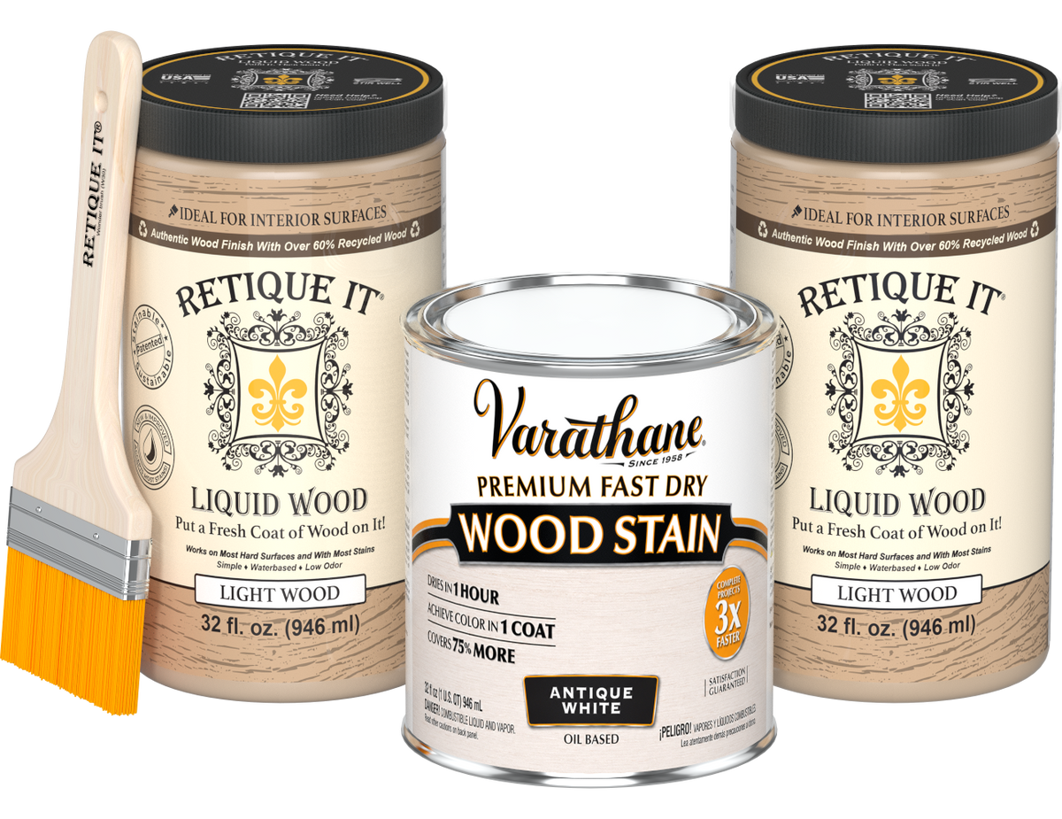 Angled product view of the 64 oz Retique It Liquid Wood kit with Varathane Antique White stain and a paintbrush.