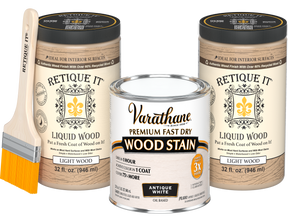 Angled product view of the 64 oz Retique It Liquid Wood kit with Varathane Antique White stain and a paintbrush.