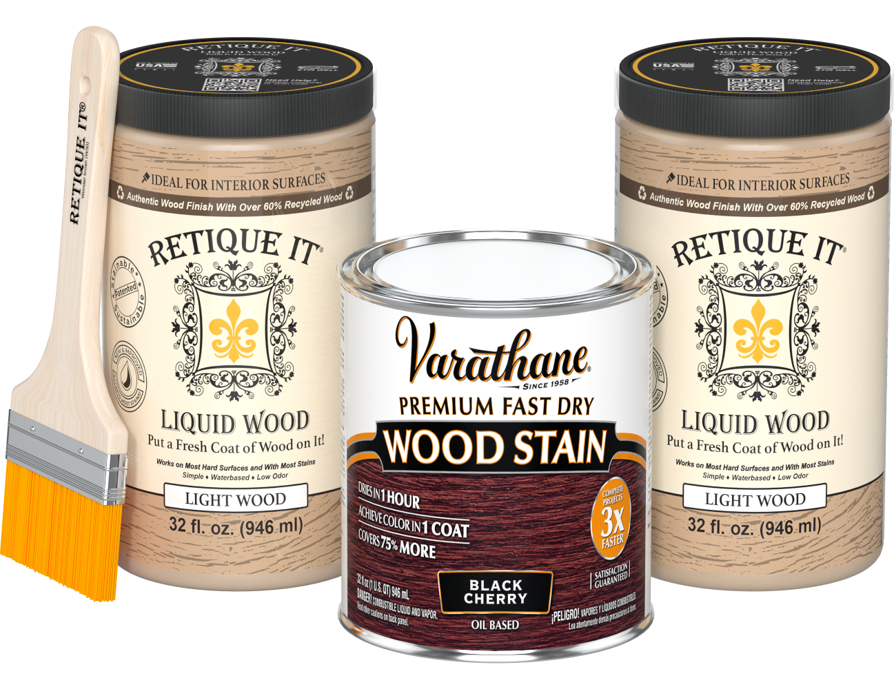 Angled product view of the 64 oz Retique It Liquid Wood kit with Varathane Black Cherry stain and a paintbrush.