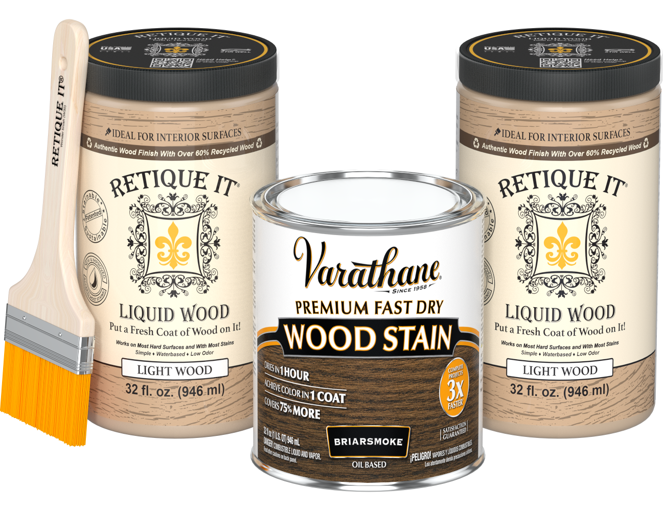 Angled product view of the 64 oz Retique It Liquid Wood kit with Varathane Briarsmoke stain and a paintbrush.