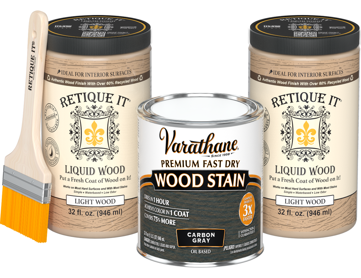 Angled product view of the 64 oz Retique It Liquid Wood kit with Varathane Carbon Gray stain and a paintbrush.