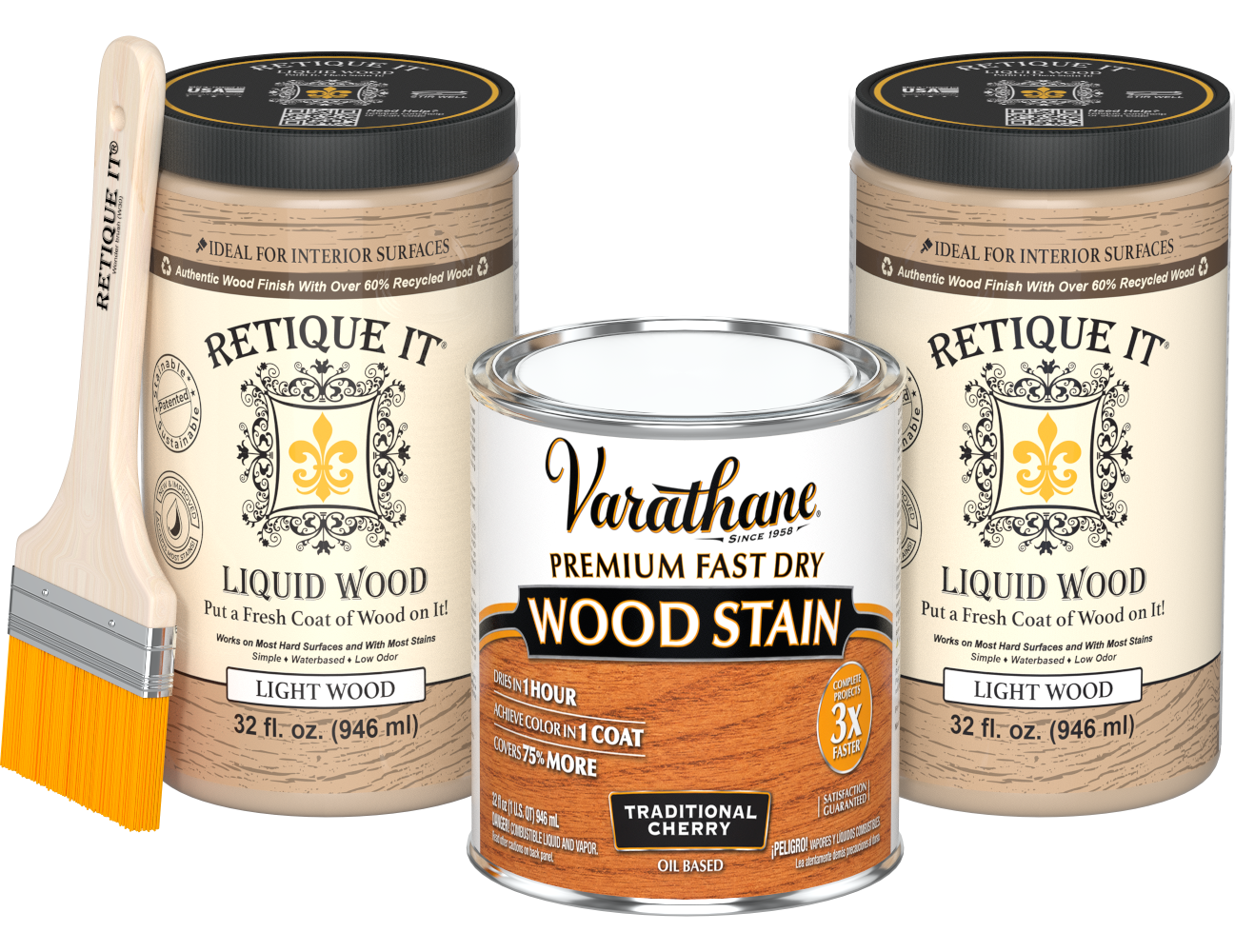 Angled product view of the 64 oz Retique It Liquid Wood kit with Varathane Traditional Cherry stain and a paintbrush.
