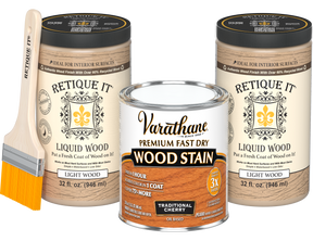 Angled product view of the 64 oz Retique It Liquid Wood kit with Varathane Traditional Cherry stain and a paintbrush.