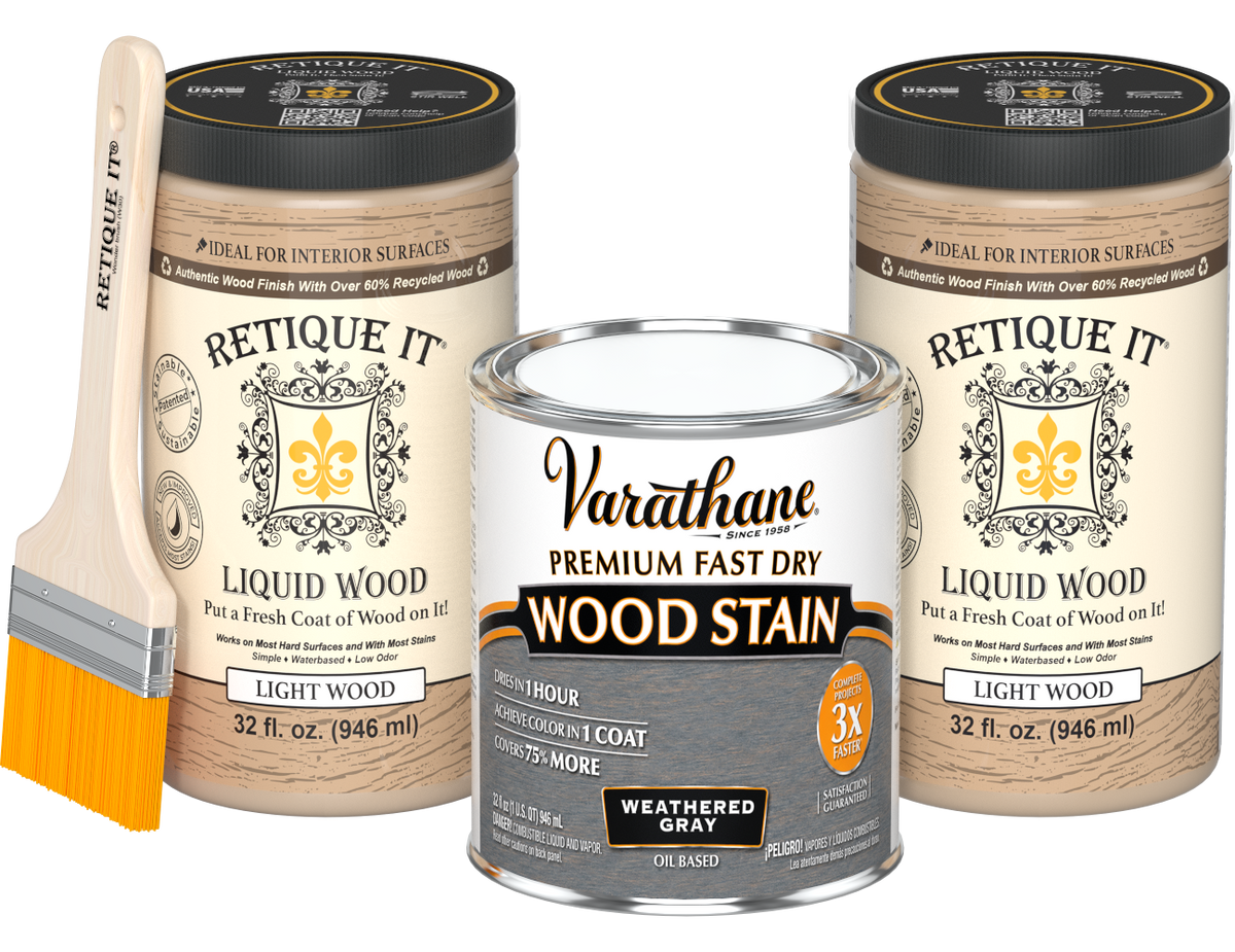 Angled product view of the 64 oz Retique It Liquid Wood kit with Varathane Weathered Gray stain and a paintbrush.