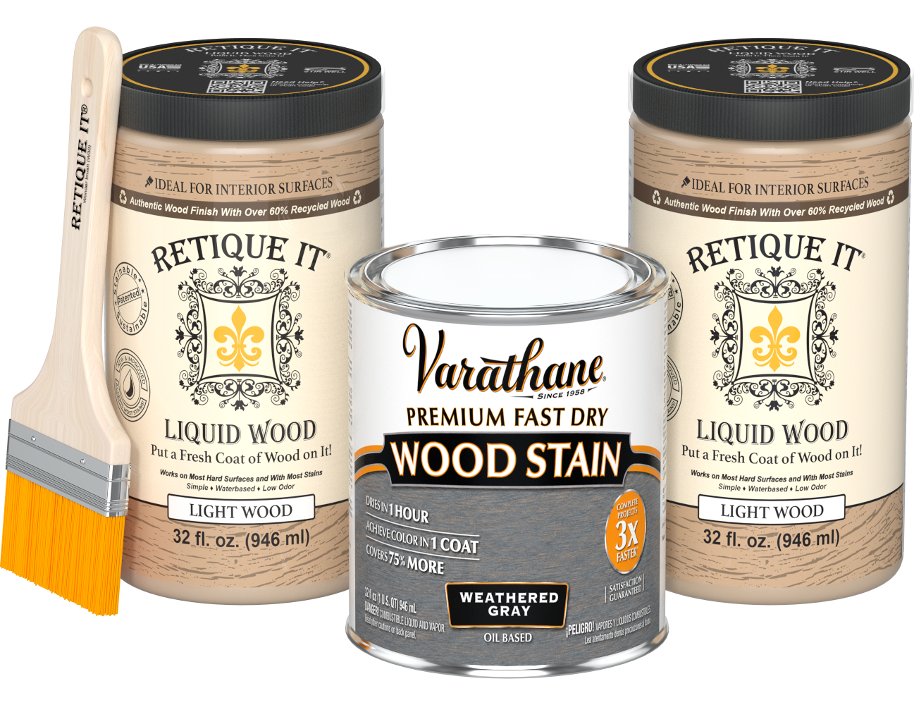 Angled product view of the 64 oz Retique It Liquid Wood kit with Varathane Weathered Gray stain and a paintbrush.