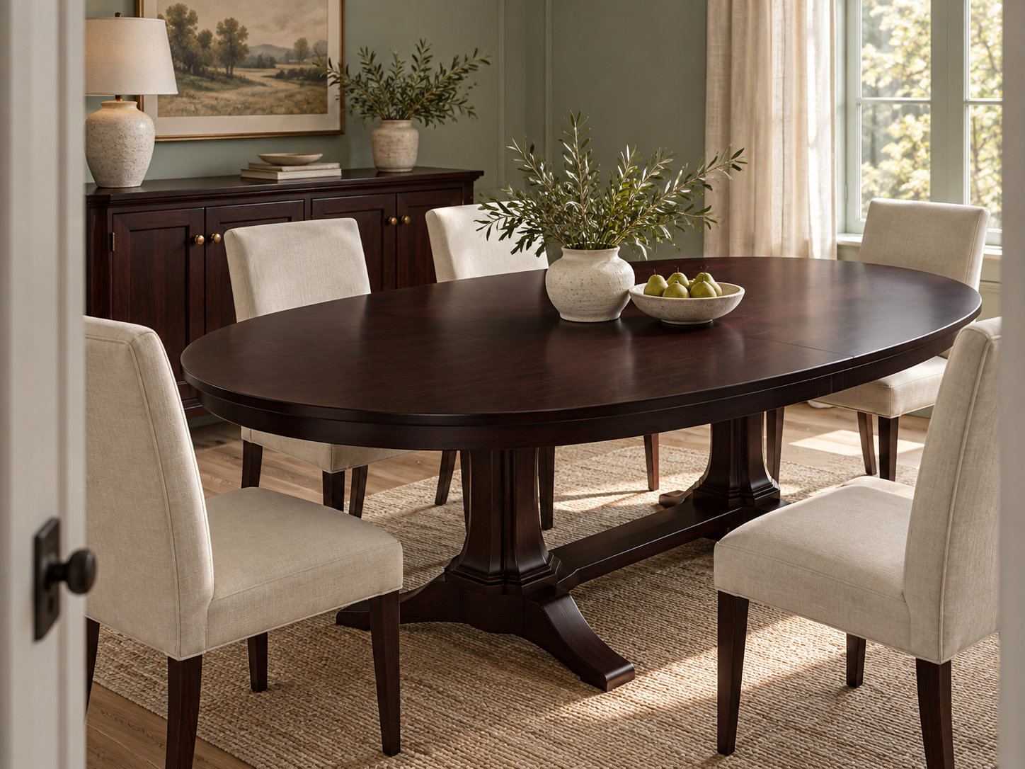 Oval Black Cherry dining table and matching sideboard with cream upholstered chairs in a sunlit dining room.