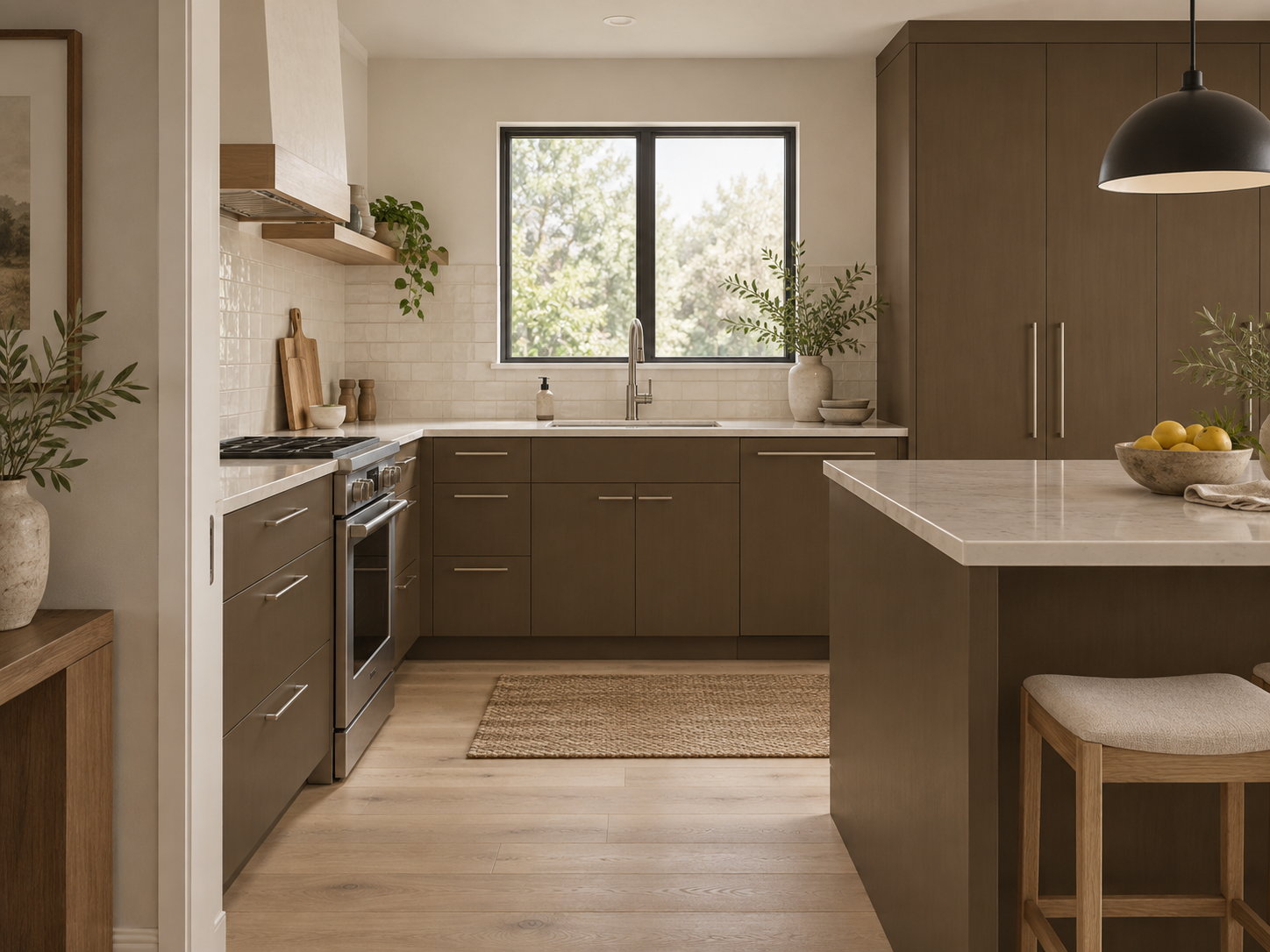 Briarsmoke kitchen cabinets and island with pale countertops, a white tile backsplash, and stainless steel appliances.
