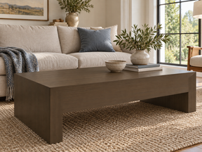 Rectangular Briarsmoke coffee table with a vase and books beside a cream sofa and blue accent pillow.