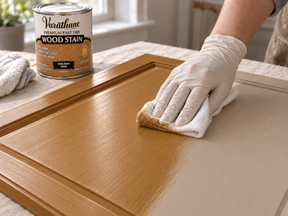 Gloved hand wiping Golden Oak fast-drying wood stain onto a cabinet door with a cloth.