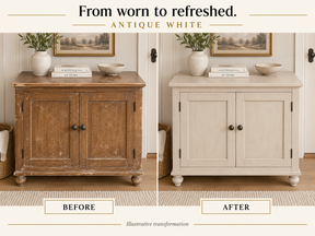 Illustrative before-and-after comparison of a worn two-door wooden cabinet refinished in Antique White.