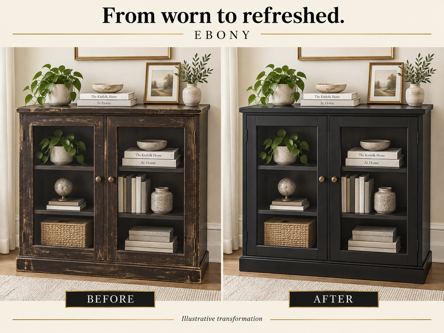 Illustrative before-and-after comparison of a worn glass-front bookcase refinished in Ebony.