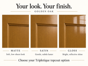 Golden Oak cabinet finish comparison: matte with low sheen, satin with subtle luster, and gloss with reflective shine.