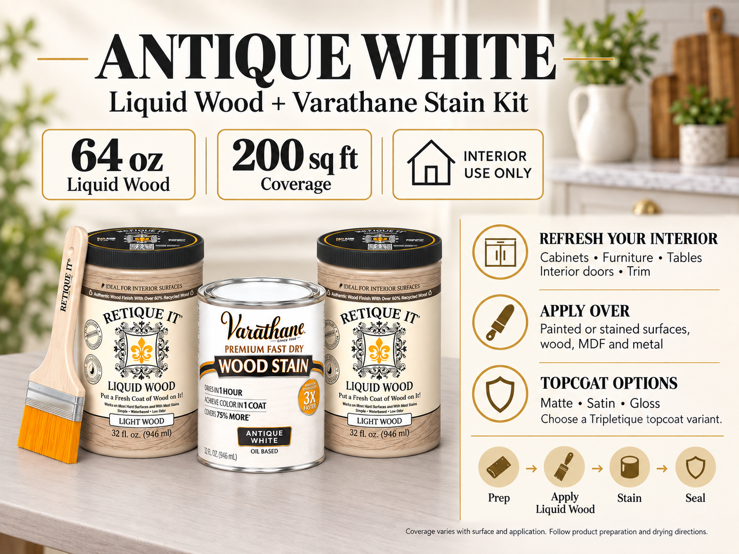 Antique White Liquid Wood and Varathane stain kit guide showing 64 oz of Liquid Wood, interior applications, preparation steps, and matte, satin, and gloss topcoat options.