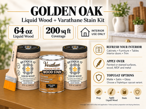 Golden Oak Liquid Wood and Varathane stain kit guide showing 64 oz of Liquid Wood, interior applications, preparation steps, and matte, satin, and gloss topcoat options.