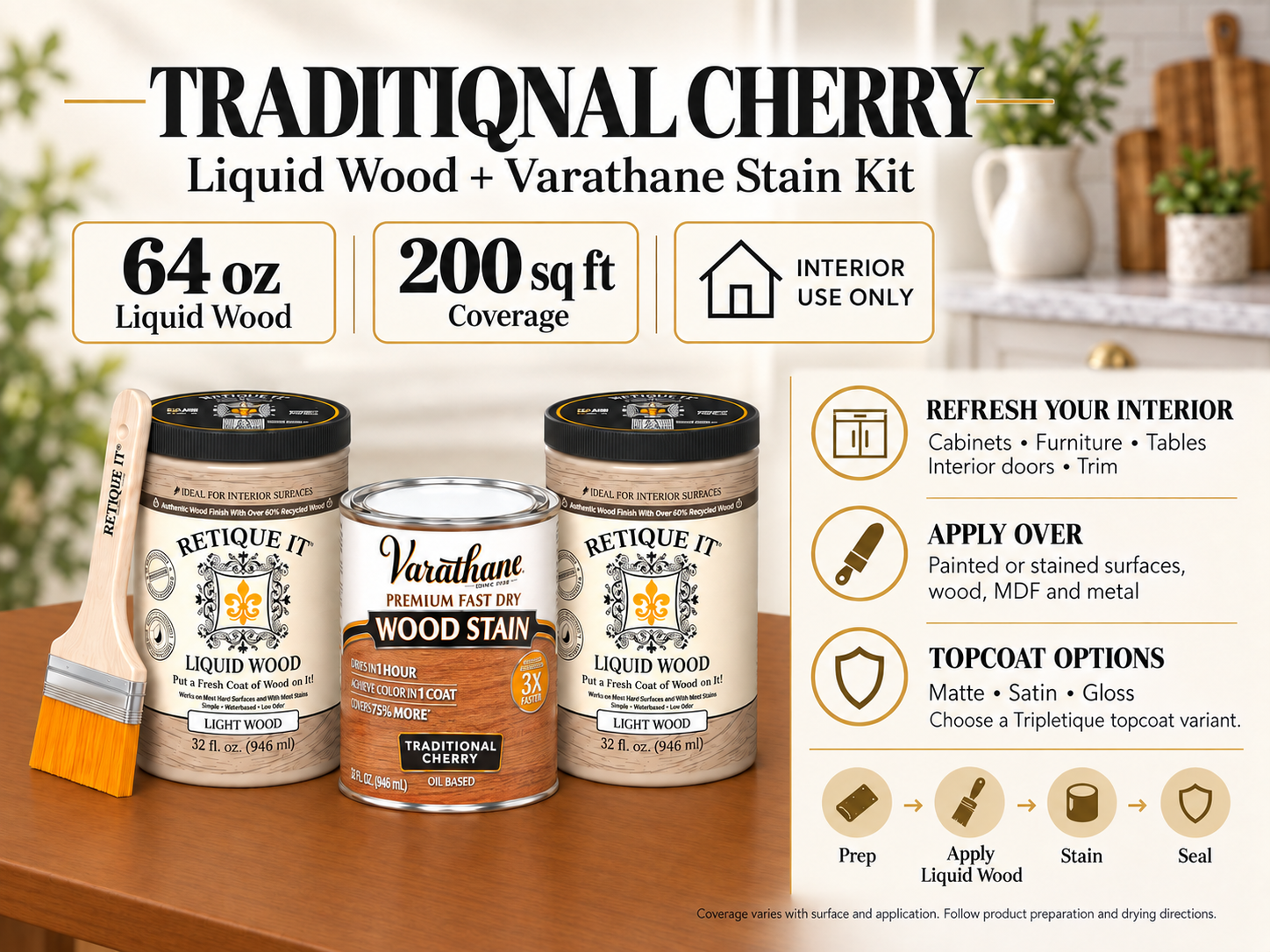 Traditional Cherry Liquid Wood and Varathane stain kit guide showing 64 oz of Liquid Wood, interior applications, preparation steps, and matte, satin, and gloss topcoat options.
