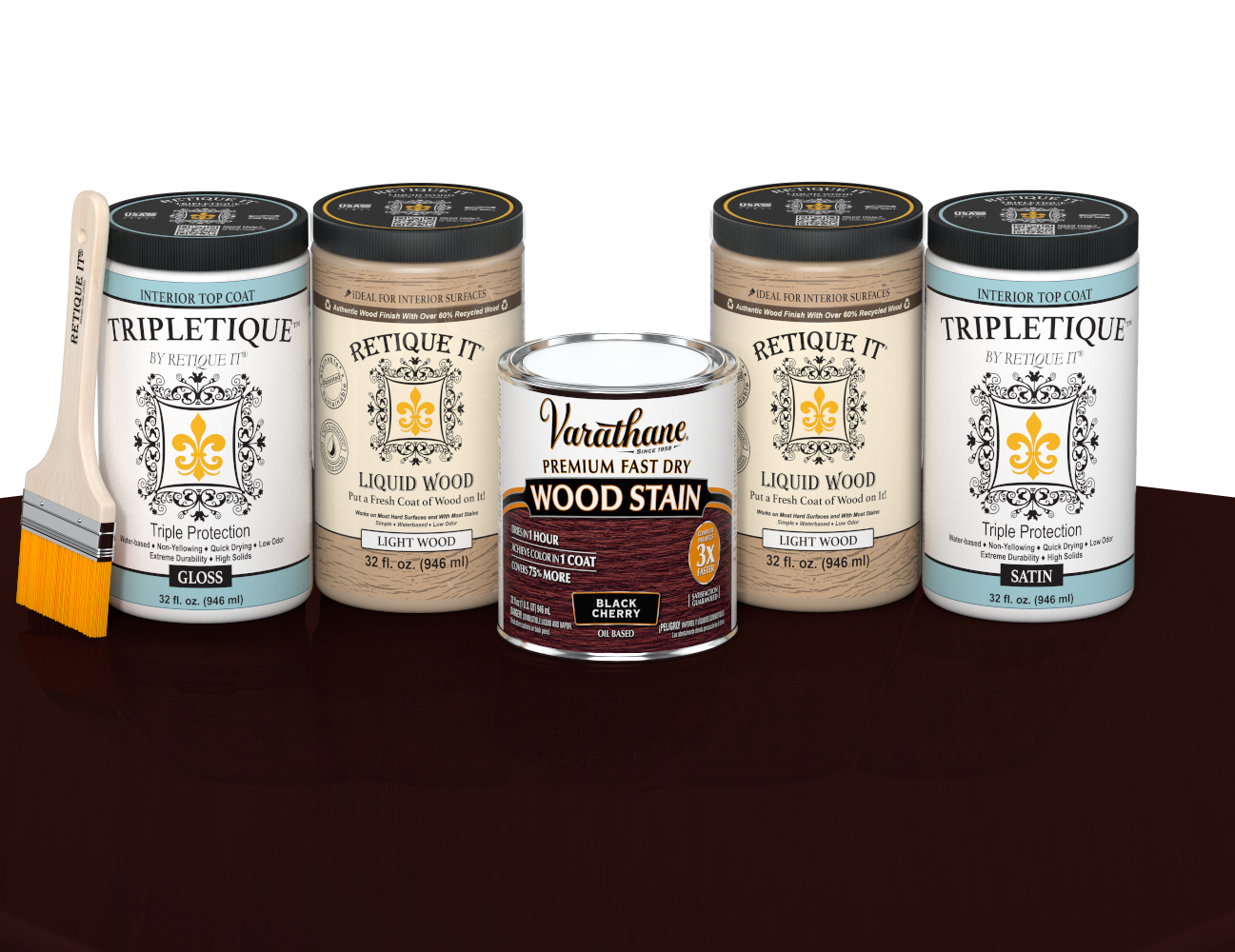 64 oz Retique It Liquid Wood kit with Black Cherry stain, gloss Tripletique topcoat, and a paintbrush on a matching finished tabletop.