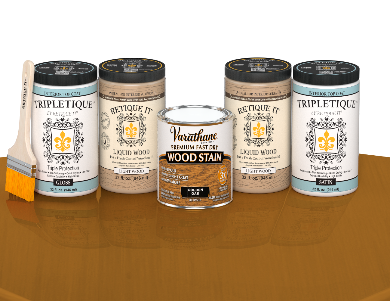 64 oz Retique It Liquid Wood kit with Golden Oak stain, gloss Tripletique topcoat, and a paintbrush on a matching finished tabletop.