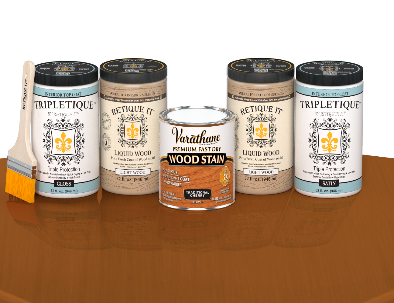 64 oz Retique It Liquid Wood kit with Traditional Cherry stain, gloss Tripletique topcoat, and a paintbrush on a matching finished tabletop.