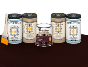 64 oz Retique It Liquid Wood kit with Black Cherry stain, satin Tripletique topcoat, and a paintbrush on a matching finished tabletop.