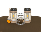 64 oz Retique It Liquid Wood kit with Varathane Briarsmoke stain and a paintbrush on a matching finished tabletop.
