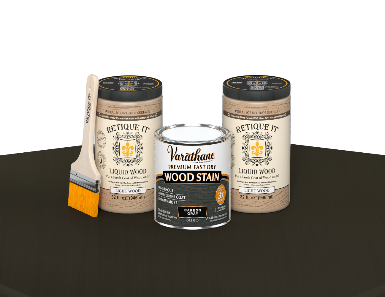 64 oz Retique It Liquid Wood kit with Varathane Carbon Gray stain and a paintbrush on a matching finished tabletop.
