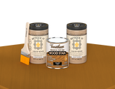 64 oz Retique It Liquid Wood kit with Varathane Golden Oak stain and a paintbrush on a matching finished tabletop.