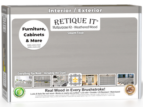 Retique It® Wood'n Finish Kit in Weathered Wood with smooth finish, showing a box with wood stain and finishing tools.