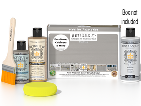 Retique It® Wood'n Finish Kit in Weathered Wood for exterior top coat, includes smooth finish wood treatment and application tools.