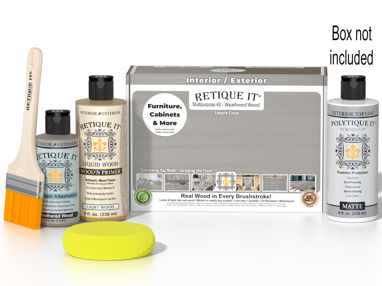 Retique It® Wood'n Finish Kit in Weathered Wood with exterior top coat, includes brushes and tools for smooth finish on wood surfaces.