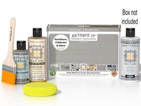 Retique It® Wood'n Finish Kit in Weathered Wood for exterior projects, featuring a smooth finish top coat and wood restoration supplies.