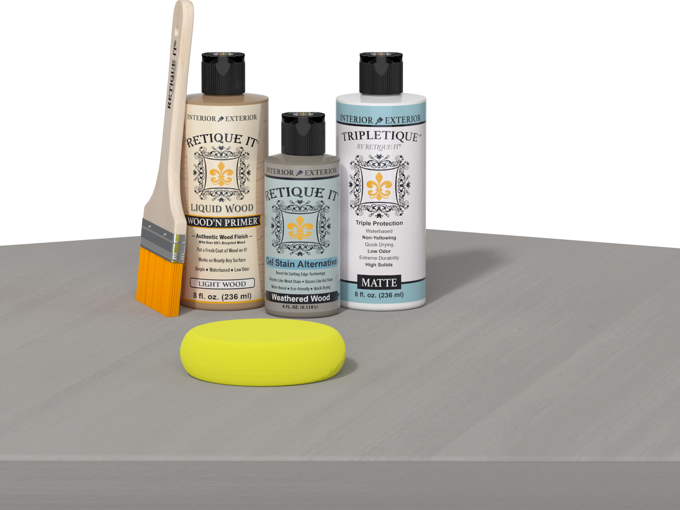 Retique It® wood finish kit in weathered wood for interior projects, featuring smooth top coat application on a table.