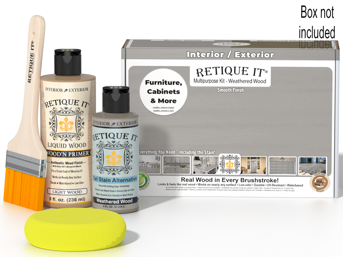 Retique It® Multi-purpose Smooth Finish Kit in Weathered Wood with box, ideal for wood finishing and furniture renovation.