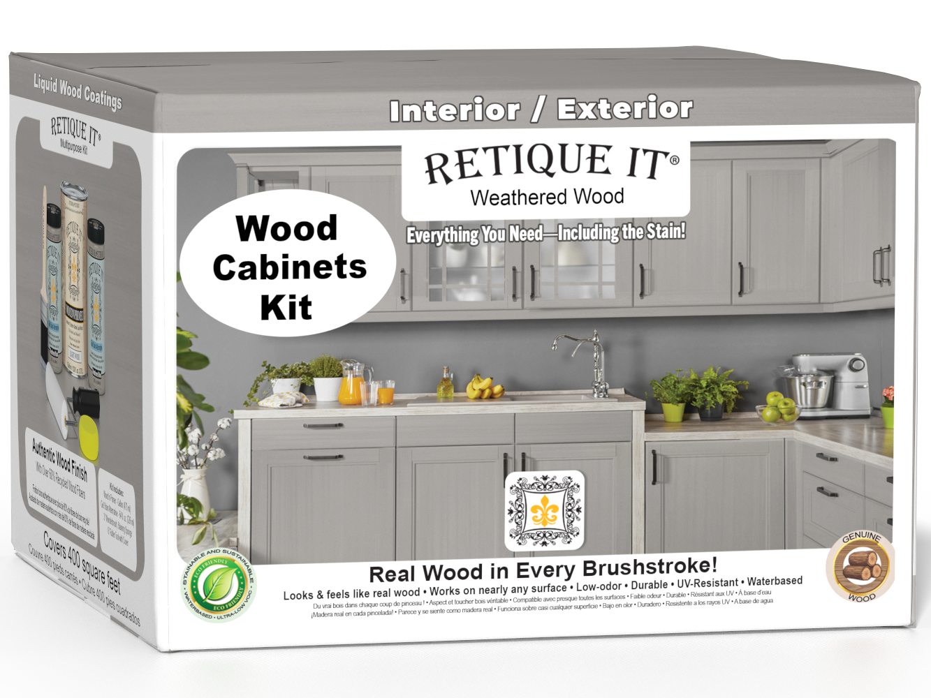 Weathered Wood Wood'n Cabinet Kit with 48 smooth cabinet doors, stained by Retique It® for a rustic, weathered finish.