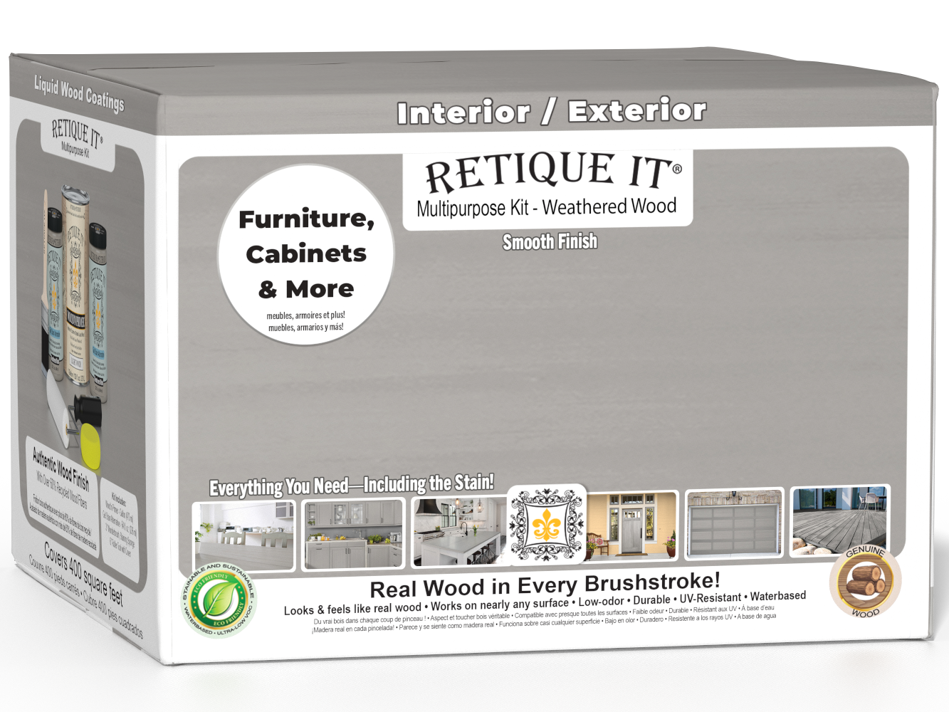Retique It® Weathered Wood Multi-purpose Smooth Finish Kit with four large containers, designed for wood finishing projects.
