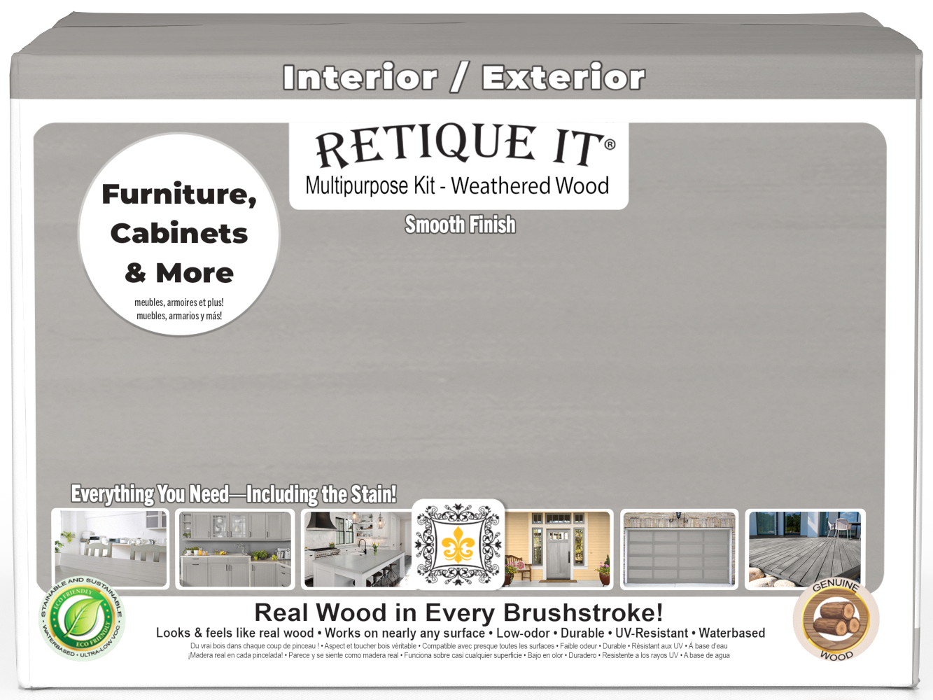 Retique It® Wood'n Finish Kit with four large weathered wood interior top coat bottles in a box for multi-purpose smooth finishing.