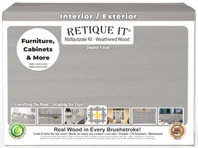 Retique It® Wood'n Finish Kit with four large weathered wood interior top coat bottles in a box for multi-purpose smooth finishing.