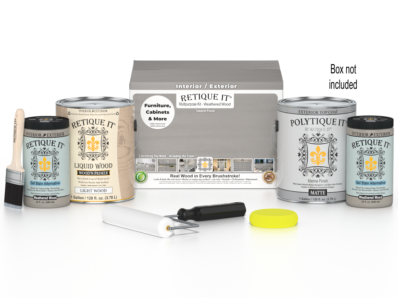 Retique It® Weathered Wood Multi-purpose Smooth Finish Kit with four large exterior top coat containers for wood finishing.