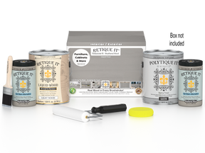 Retique It® Weathered Wood Multi-purpose Smooth Finish Kit with four large exterior top coat bottles in weathered wood color.