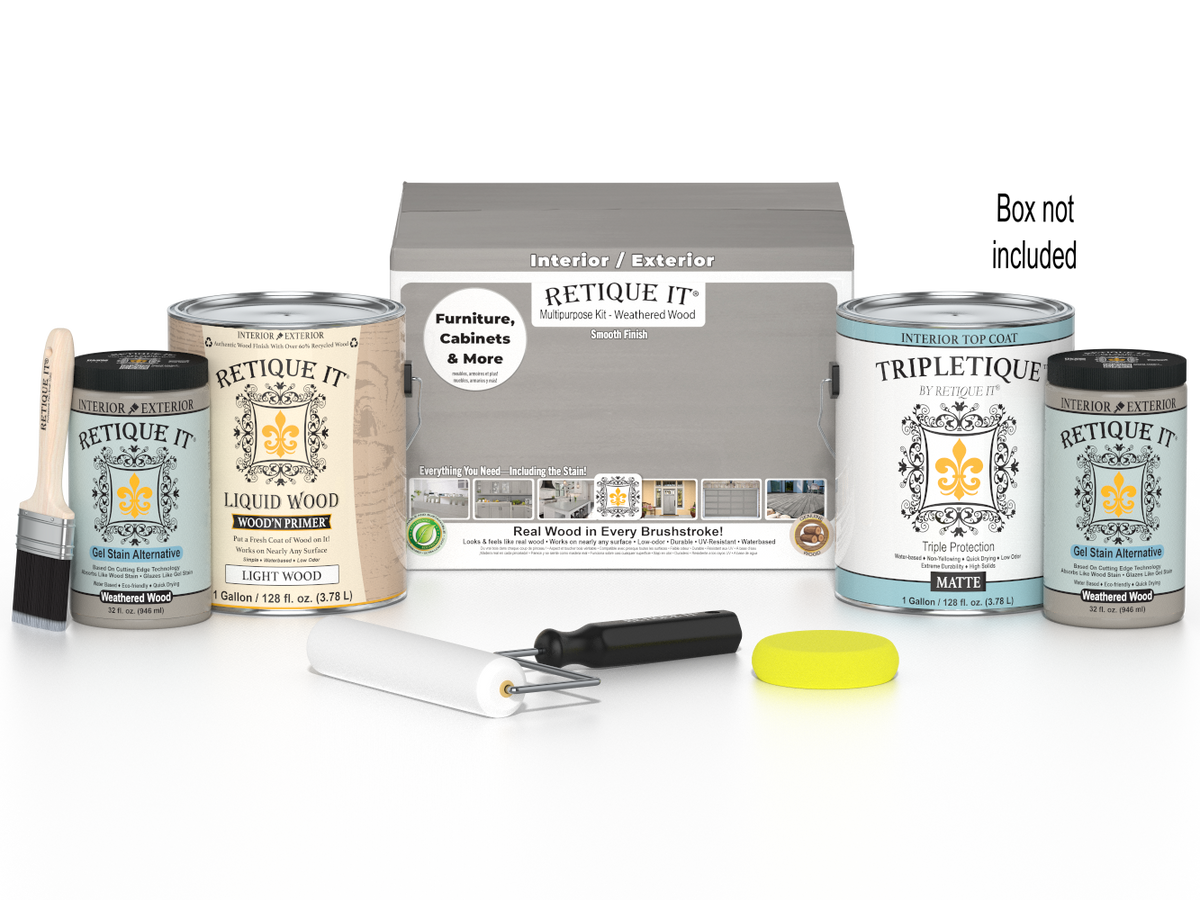 Retique It® wood finish kit with four large weathered wood top coat bottles for interior projects, smooth and durable finish.