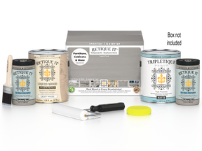 Retique It® wood finish kit with four large weathered wood top coat bottles for interior projects, smooth and durable finish.