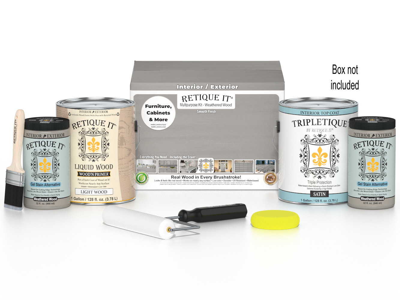 Retique It® Weathered Wood Multi-purpose Smooth Finish Kit with 4 large containers, ideal for interior wood top coating.
