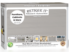 Retique It® multi-purpose wood finish kit in weathered wood for exterior top coat, includes smooth finish tools and supplies.
