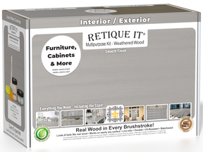 Retique It® Wood'n Finish Kit in Weathered Wood with smooth finish, featuring brushes and application tools for multi-purpose wood finishing.
