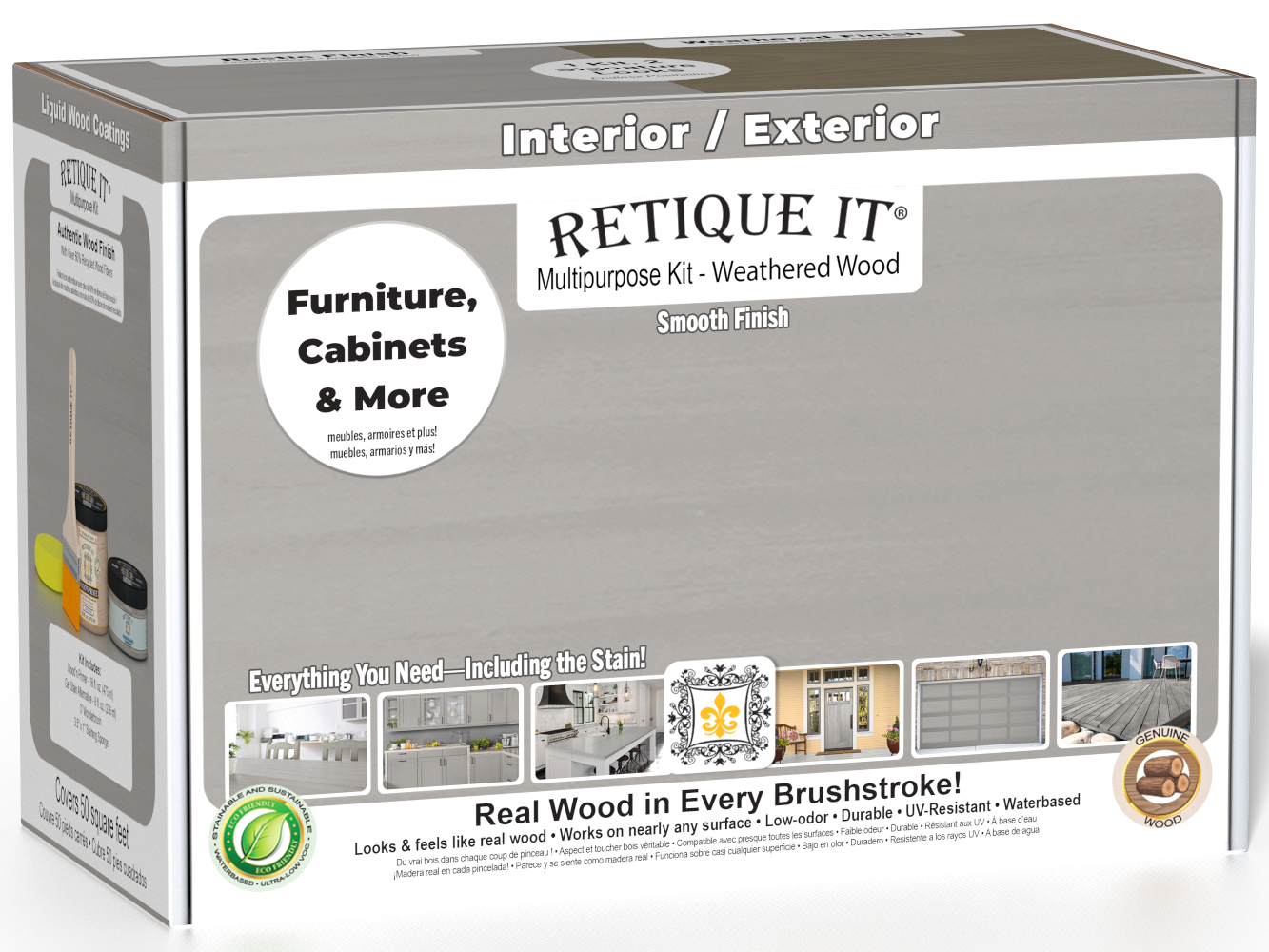 Retique It® Multi-purpose Smooth Finish Kit in Weathered Wood for exterior wood tops, includes tools and materials in box.
