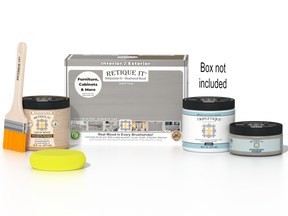 Retique It® Multi-purpose Smooth Finish Kit in Weathered Wood for interior top coat, includes application tools and wood finish product.