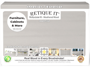 Large Weathered Wood Multi-purpose Smooth Finish Kit by Retique It® for wood finishing projects, includes tools and materials.